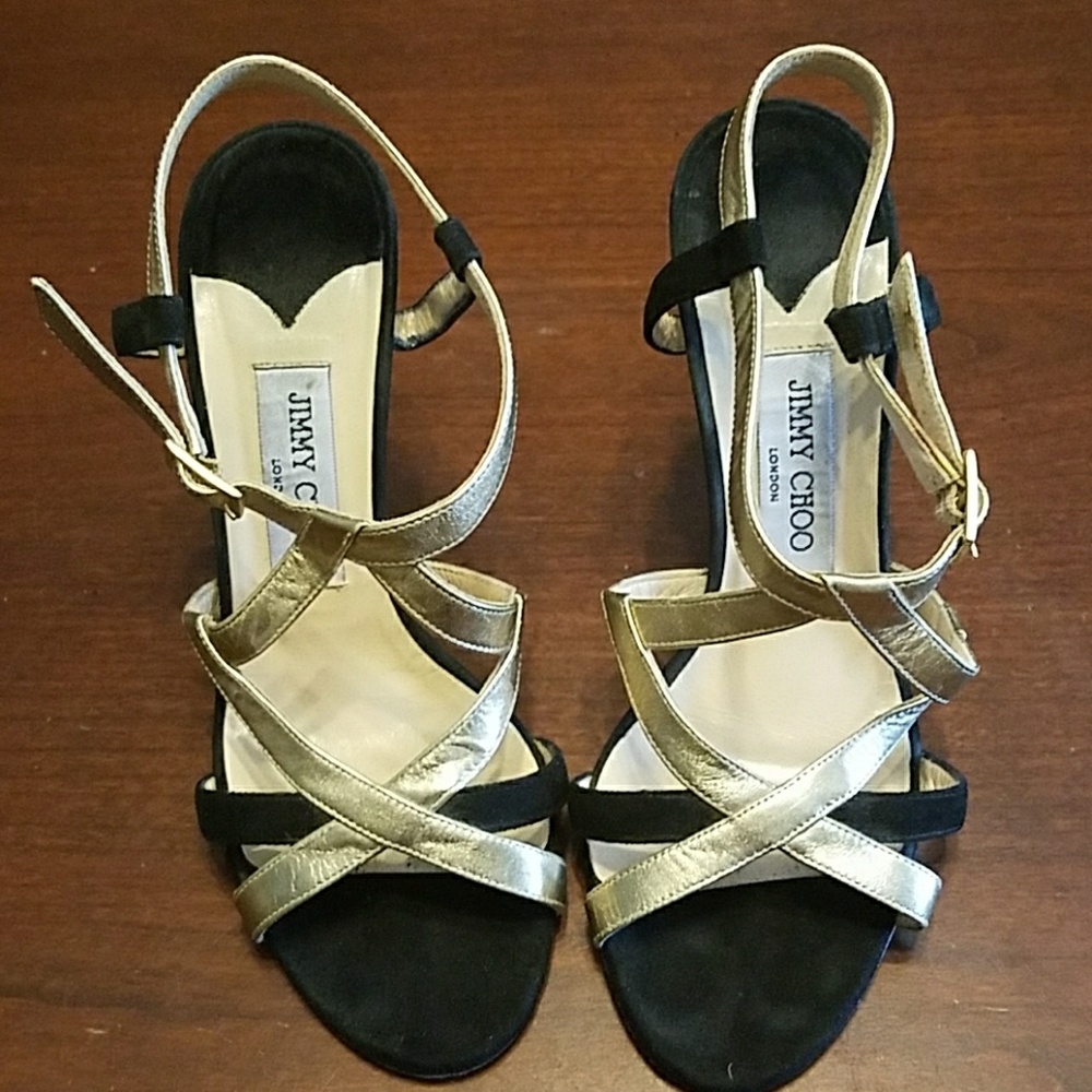 Jimmy Choo gold and black suede strap heel